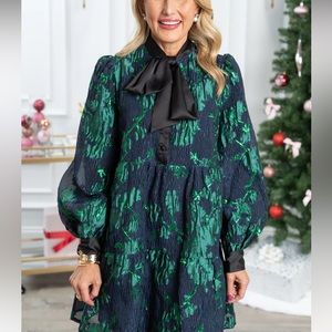 Avara green and navy blue dress with black tie